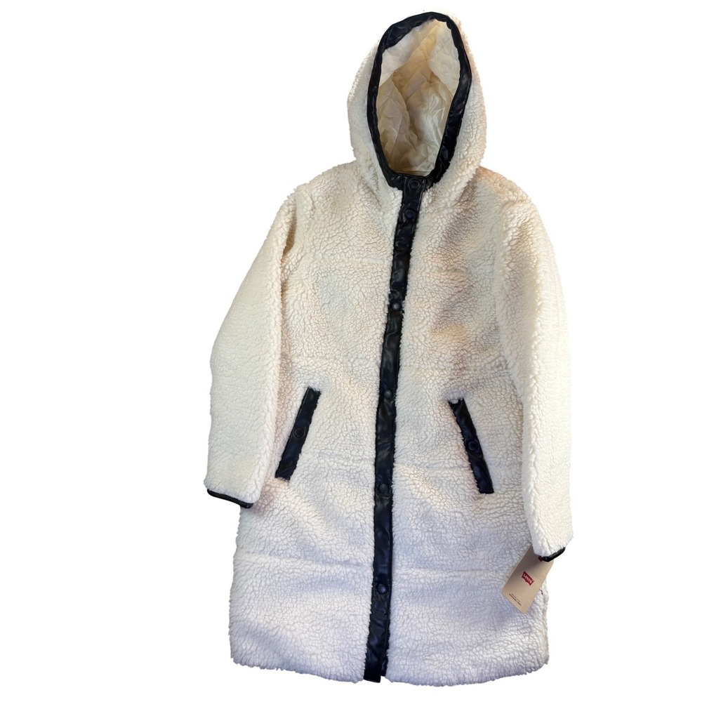 Levi's Sherpa Hooded Long Coat Women XS Cream Faux Leather Trim LW2RS136 - Picture 1 of 14
